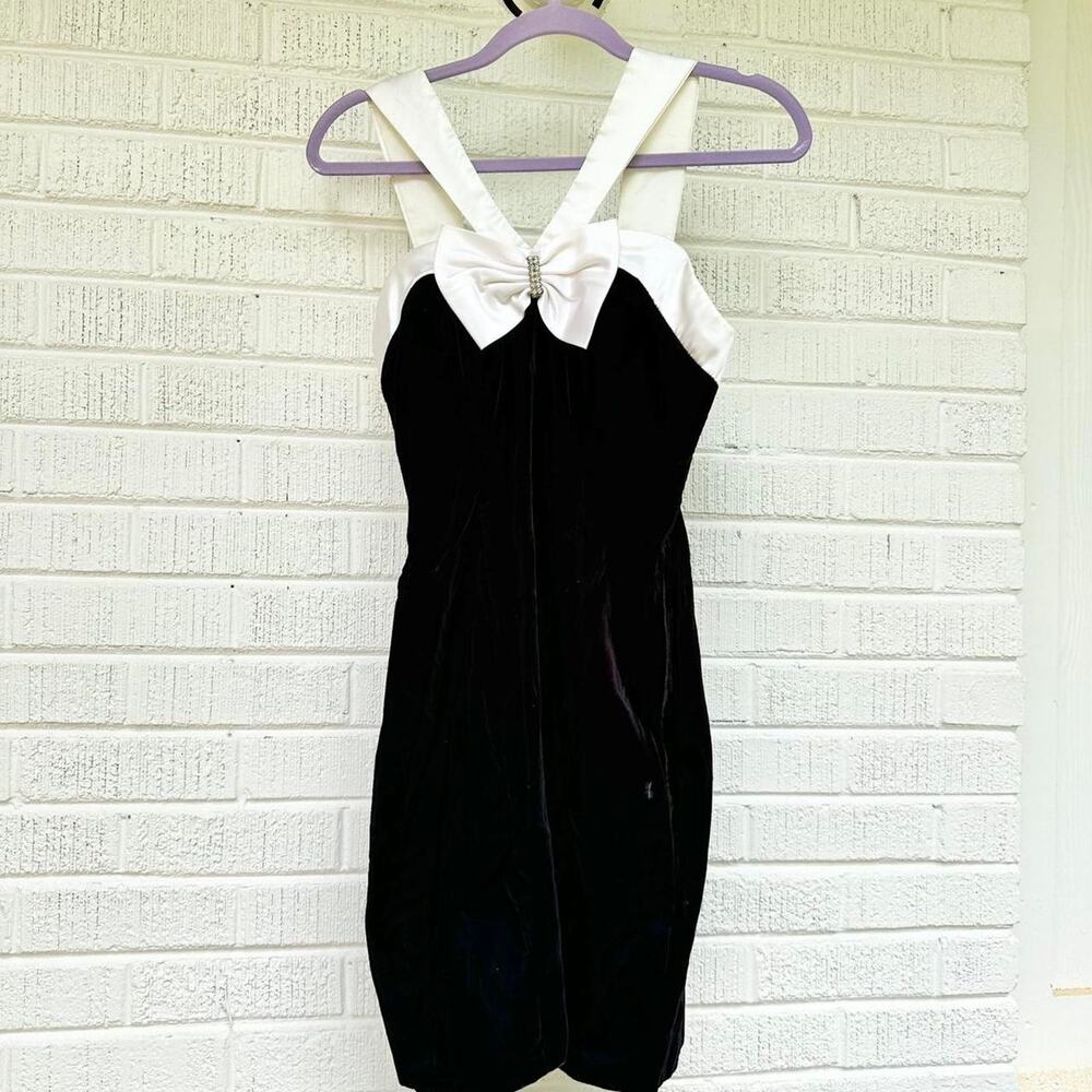 L.A. Glo Vintage 90's Black Velvet White Rhinestone Bow Mini Dress